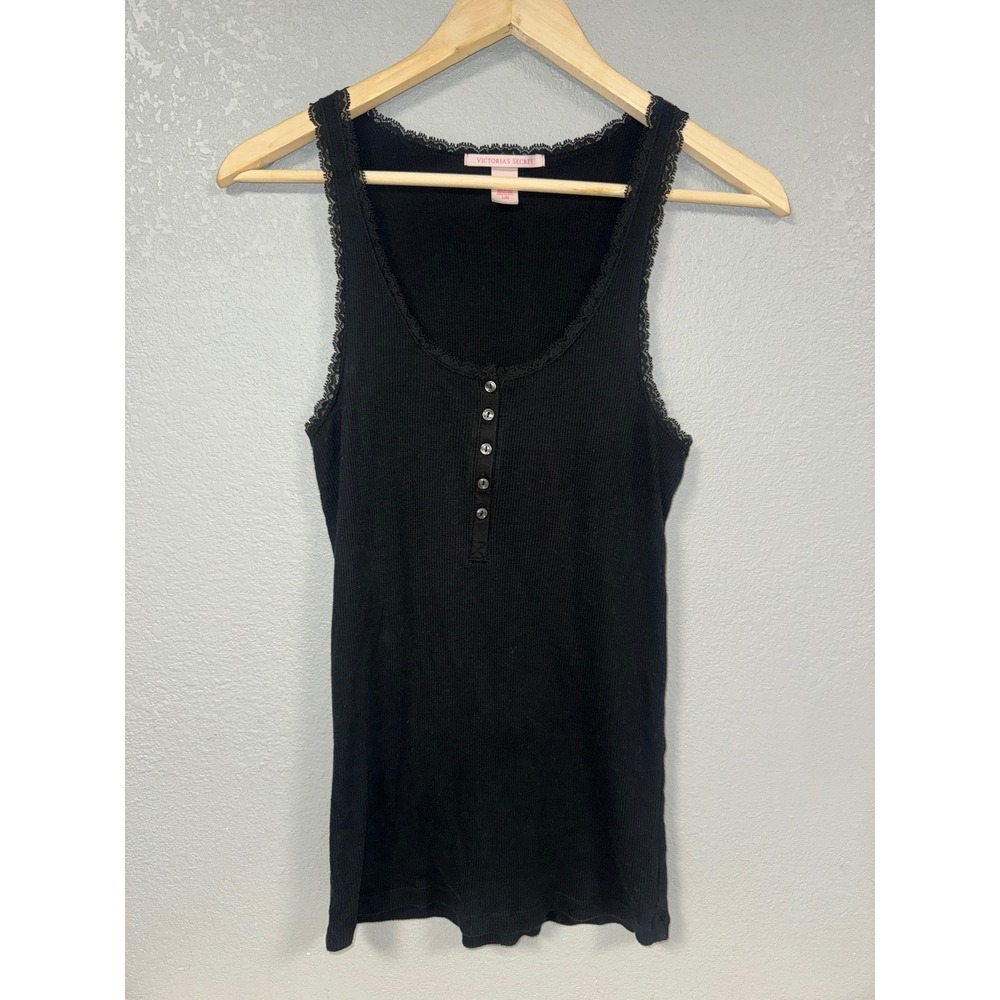 Victoria's Secret Black Ribbed Lace Trim Henley Tank Top Large